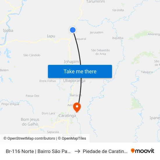 Br-116 Norte | Bairro São Paulo to Piedade de Caratinga map