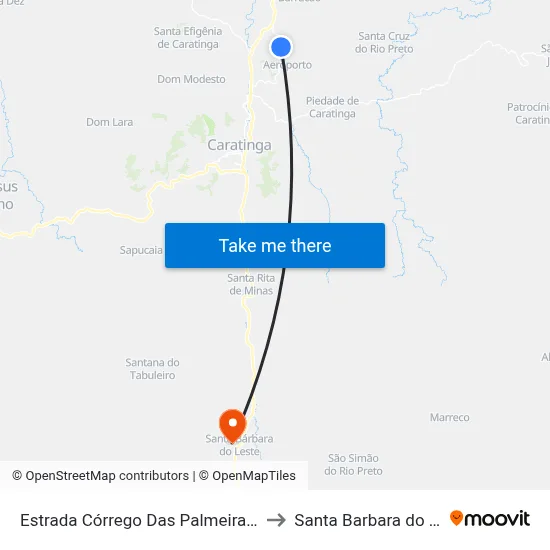 Estrada Córrego Das Palmeiras, Norte to Santa Barbara do Leste map