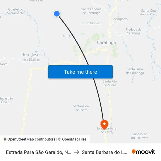 Estrada Para São Geraldo, Norte to Santa Barbara do Leste map