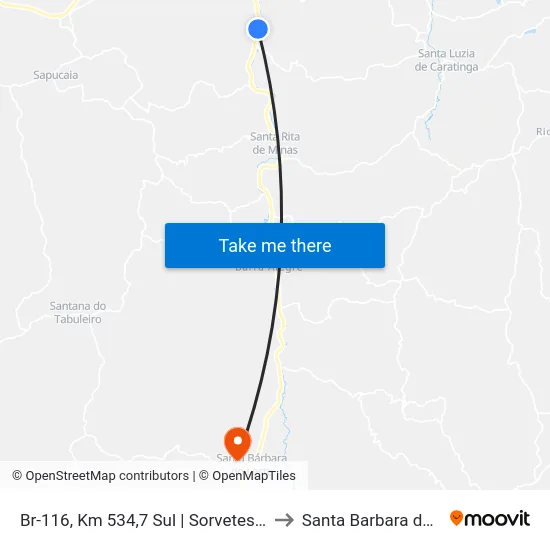 Br-116, Km 534,7 Sul | Sorvetes Amaretto to Santa Barbara do Leste map