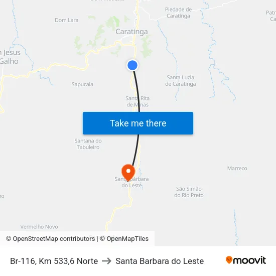 Br-116, Km 533,6 Norte to Santa Barbara do Leste map