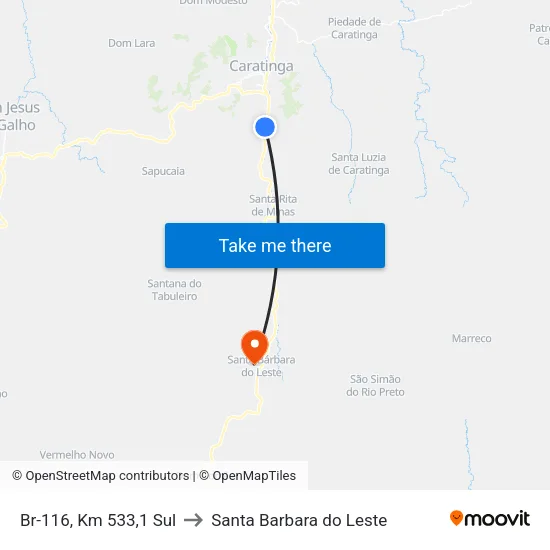 Br-116, Km 533,1 Sul to Santa Barbara do Leste map