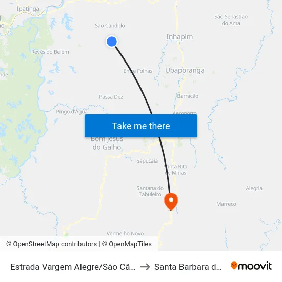 Estrada Vargem Alegre/São Cândido, Sul to Santa Barbara do Leste map