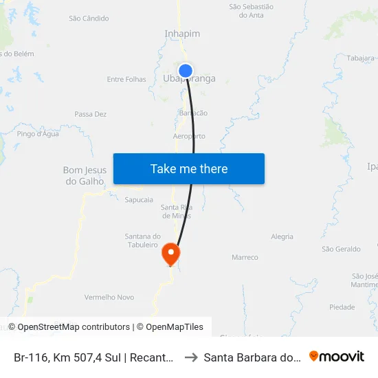 Br-116, Km 507,4 Sul | Recanto Mineiro to Santa Barbara do Leste map