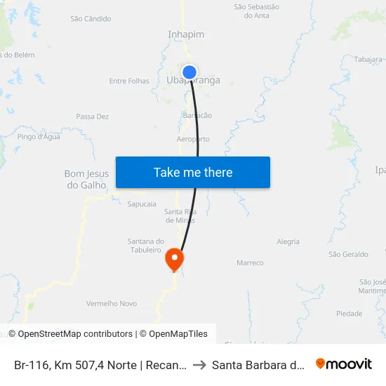 Br-116, Km 507,4 Norte | Recanto Mineiro to Santa Barbara do Leste map