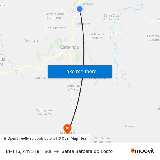 Br-116, Km 518,1 Sul to Santa Barbara do Leste map
