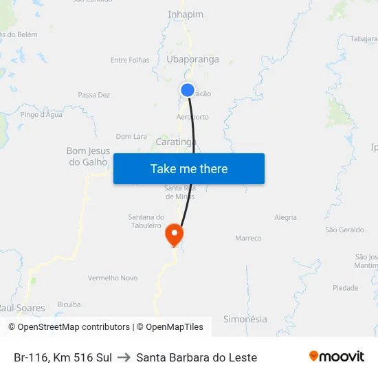 Br-116, Km 516 Sul to Santa Barbara do Leste map