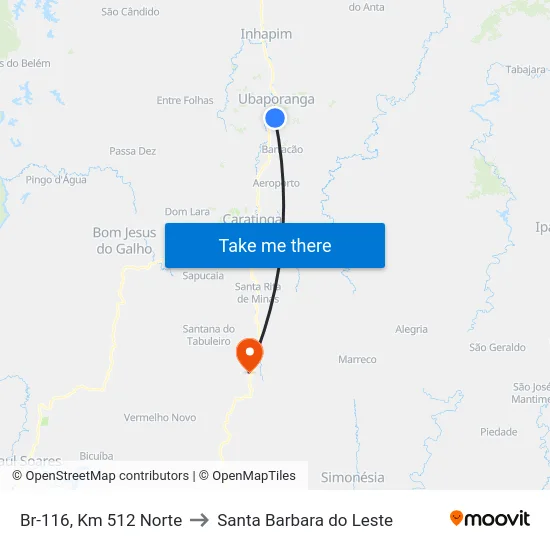 Br-116, Km 512 Norte to Santa Barbara do Leste map