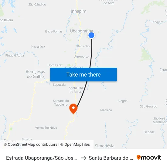 Estrada Ubaporanga/São José, Leste to Santa Barbara do Leste map