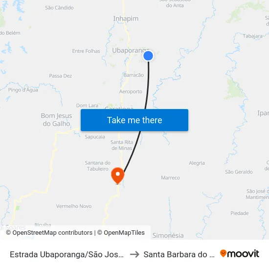 Estrada Ubaporanga/São José, Oeste to Santa Barbara do Leste map