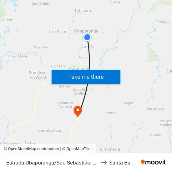 Estrada Ubaporanga/São Sebastião, Leste | Entr. Para São José Do Batatal to Santa Barbara do Leste map