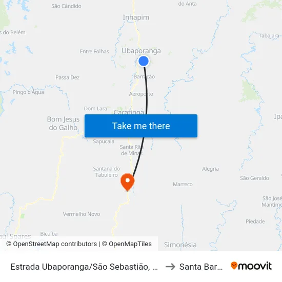 Estrada Ubaporanga/São Sebastião, Oeste | Entr. Para São José Do Batatal to Santa Barbara do Leste map
