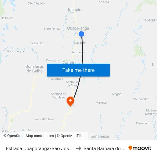 Estrada Ubaporanga/São José, Leste to Santa Barbara do Leste map