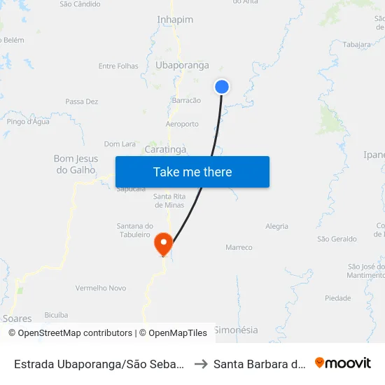 Estrada Ubaporanga/São Sebastião, Oeste to Santa Barbara do Leste map