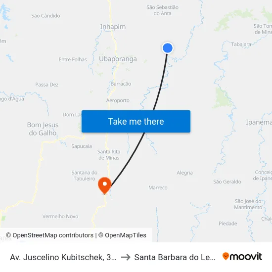 Av. Juscelino Kubitschek, 301 to Santa Barbara do Leste map