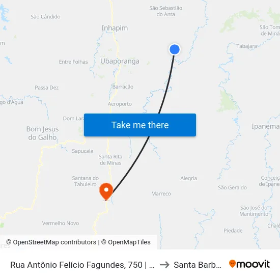 Rua Antônio Felício Fagundes, 750 | Ponto Final De Imbé De Minas to Santa Barbara do Leste map