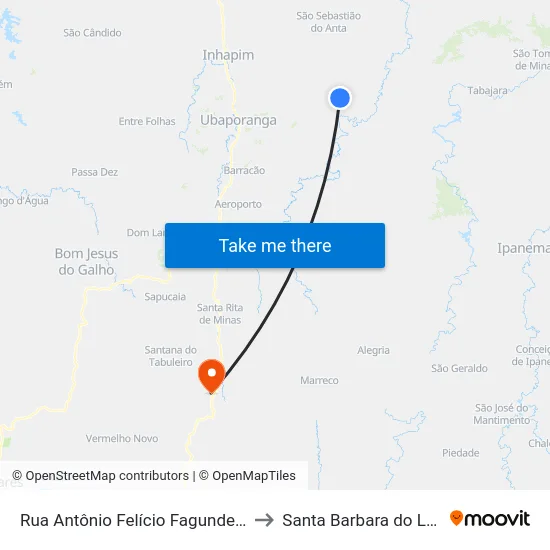 Rua Antônio Felício Fagundes, 15 to Santa Barbara do Leste map