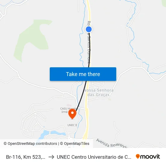 Br-116, Km 523,1 Sul to UNEC Centro Universitario de Caratinga map