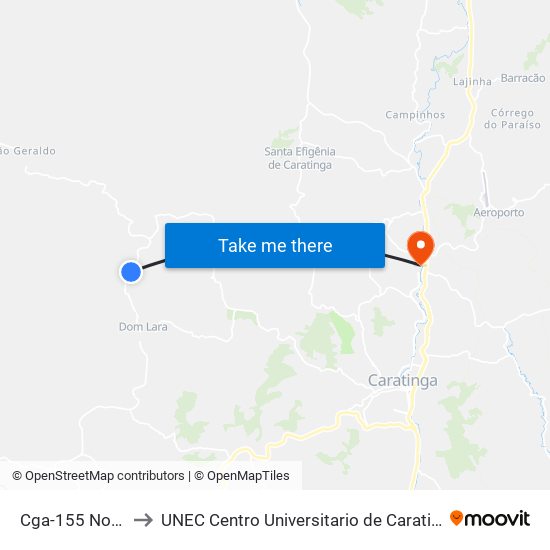 Cga-155 Norte to UNEC Centro Universitario de Caratinga map