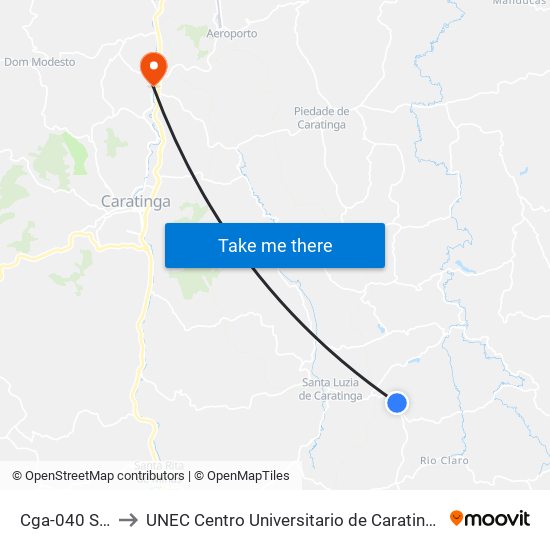 Cga-040 Sul to UNEC Centro Universitario de Caratinga map