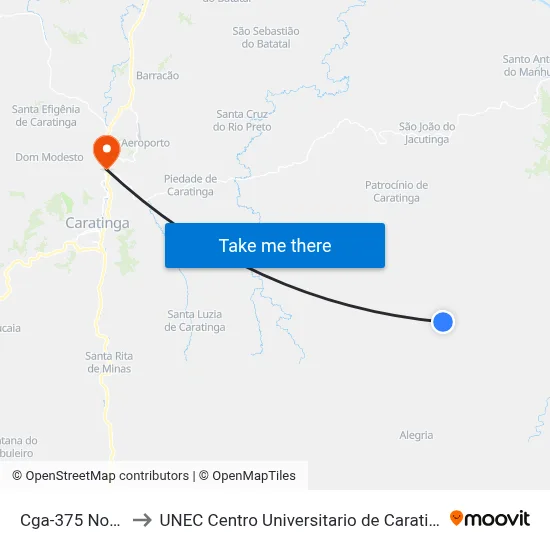 Cga-375 Norte to UNEC Centro Universitario de Caratinga map