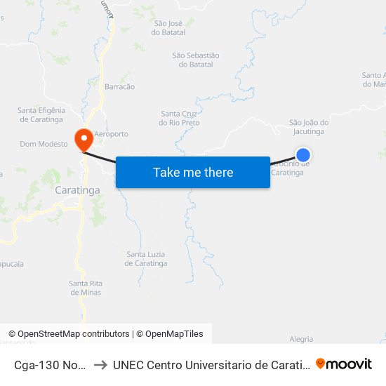 Cga-130 Norte to UNEC Centro Universitario de Caratinga map