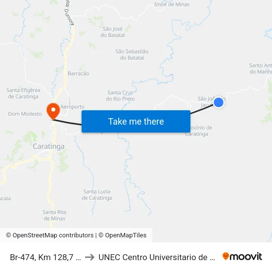 Br-474, Km 128,7 Oeste to UNEC Centro Universitario de Caratinga map