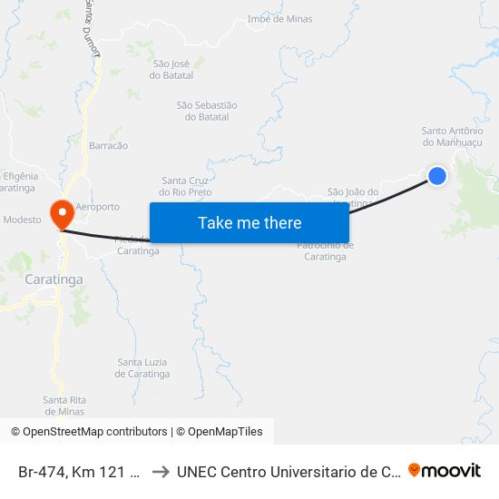 Br-474, Km 121 Oeste to UNEC Centro Universitario de Caratinga map