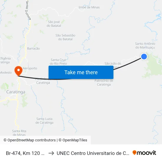 Br-474, Km 120 Oeste to UNEC Centro Universitario de Caratinga map