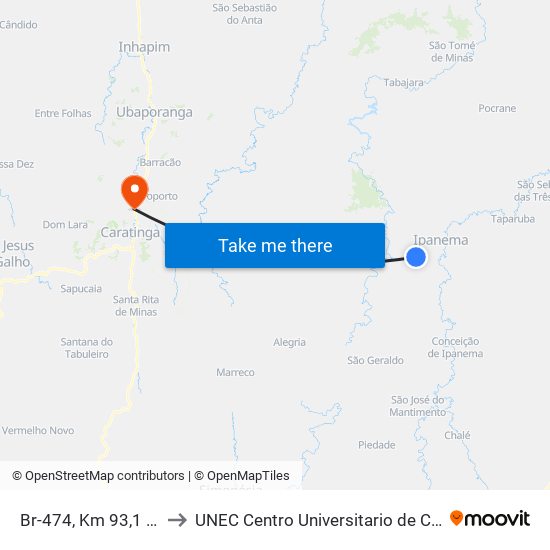 Br-474, Km 93,1 Leste to UNEC Centro Universitario de Caratinga map