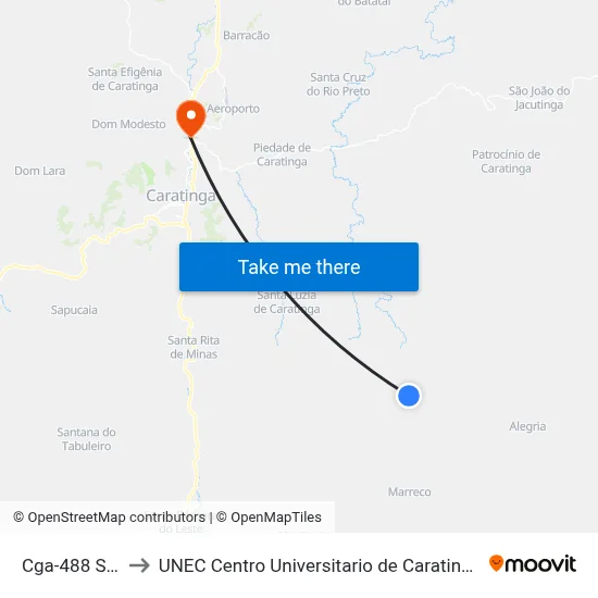 Cga-488 Sul to UNEC Centro Universitario de Caratinga map