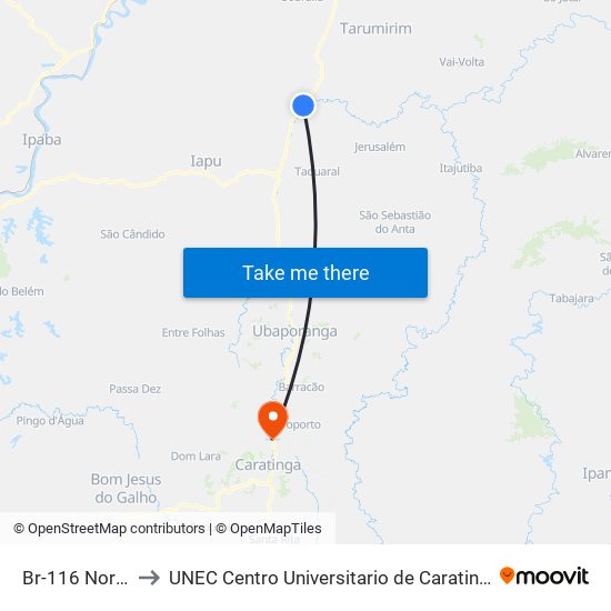 Br-116 Norte to UNEC Centro Universitario de Caratinga map