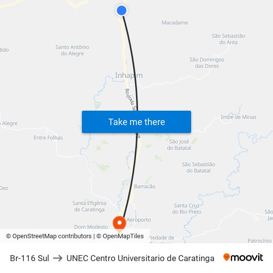 Br-116 Sul to UNEC Centro Universitario de Caratinga map
