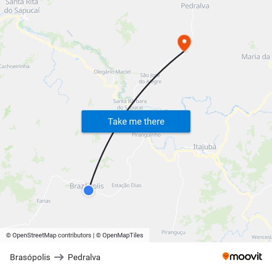 Brasópolis to Pedralva map