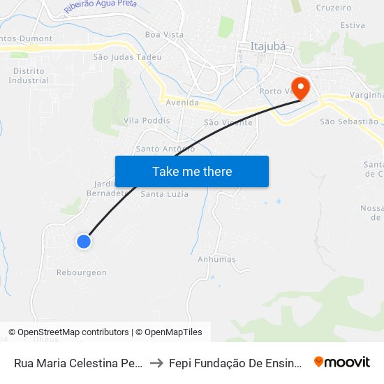 Rua Maria Celestina Pereira Dos Santos, 340 to Fepi Fundação De Ensino E Pesquisa De Itajubá map