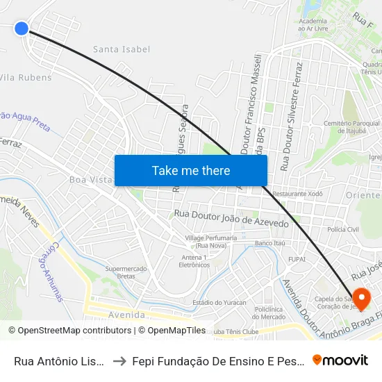 Rua Antônio Lisboa, 4000 to Fepi Fundação De Ensino E Pesquisa De Itajubá map