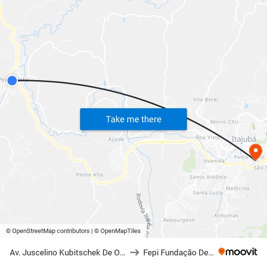 Av. Juscelino Kubitschek De Oliveira, 44 | Barraca Verde/Trevo De Piranguinho to Fepi Fundação De Ensino E Pesquisa De Itajubá map