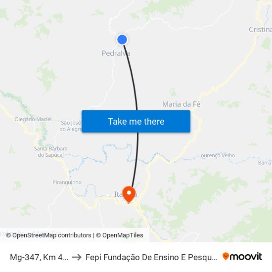 Mg-347, Km 43,7 Sul to Fepi Fundação De Ensino E Pesquisa De Itajubá map