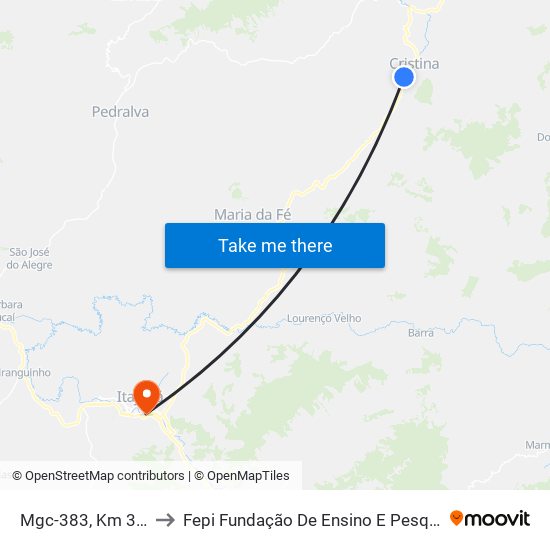 Mgc-383, Km 347,2 Sul to Fepi Fundação De Ensino E Pesquisa De Itajubá map