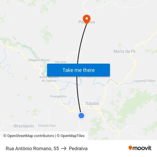 Rua Antônio Romano, 55 to Pedralva map