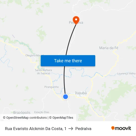 Rua Evaristo Alckmin Da Costa, 1 to Pedralva map