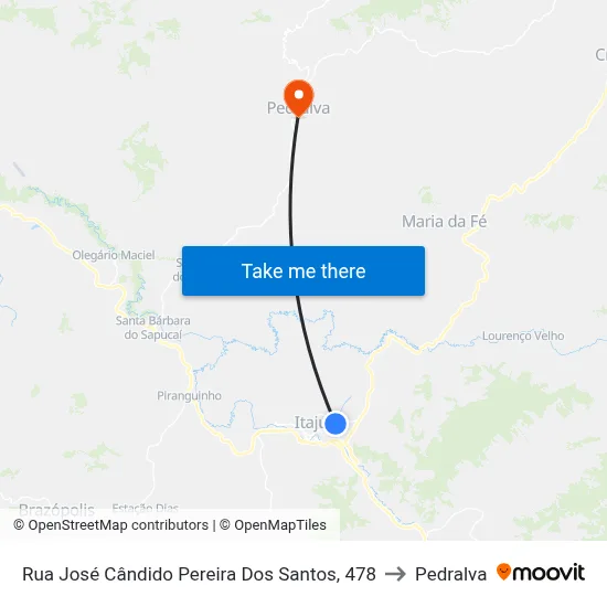Rua José Cândido Pereira Dos Santos, 478 to Pedralva map