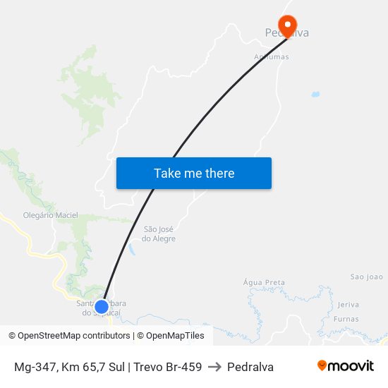 Mg-347, Km 65,7 Sul | Trevo Br-459 to Pedralva map