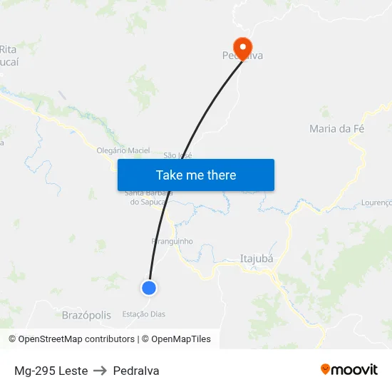 Mg-295 Leste to Pedralva map