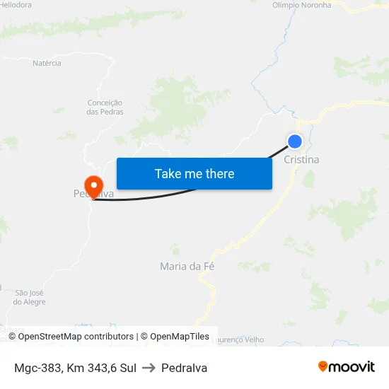 Mgc-383, Km 343,6 Sul to Pedralva map