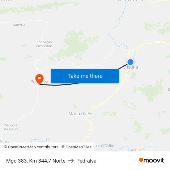 Mgc-383, Km 344,7 Norte to Pedralva map