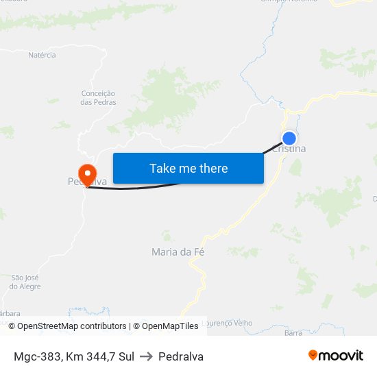 Mgc-383, Km 344,7 Sul to Pedralva map