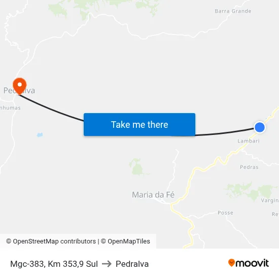 Mgc-383, Km 353,9 Sul to Pedralva map