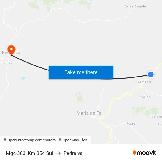 Mgc-383, Km 354 Sul to Pedralva map