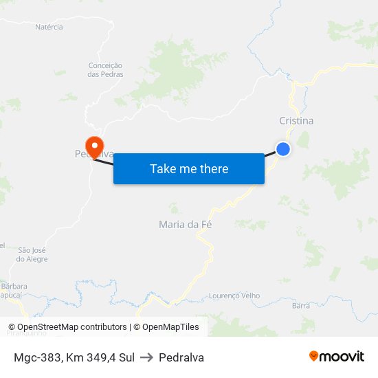 Mgc-383, Km 349,4 Sul to Pedralva map